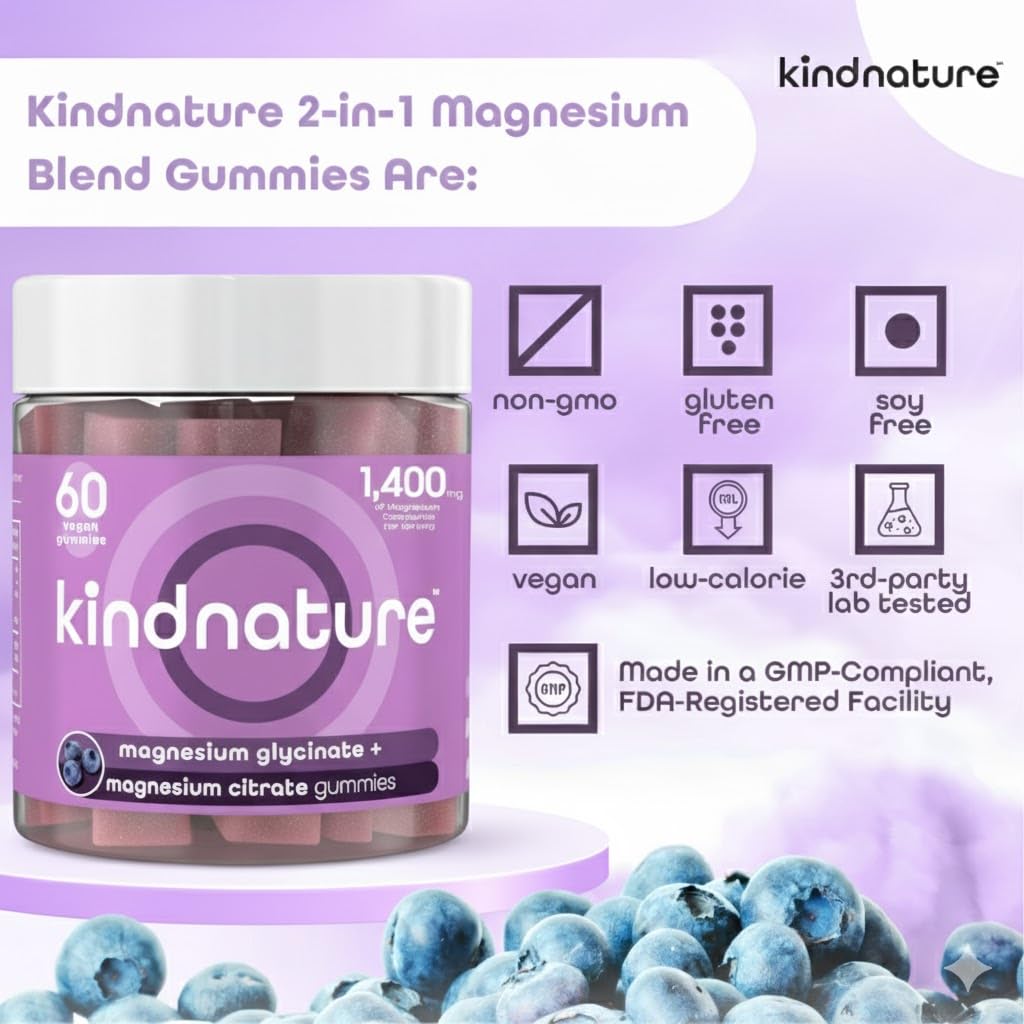 KINDNATURE Magnesium Glycinate & Citrate Gummies – Calm Magnesium Complex for Sleep, Stress, Cramps & Digestion – Chewable Vegan Magnesium Supplement for Women, Teens, Adults – 60 Ct kindnature Au supplements