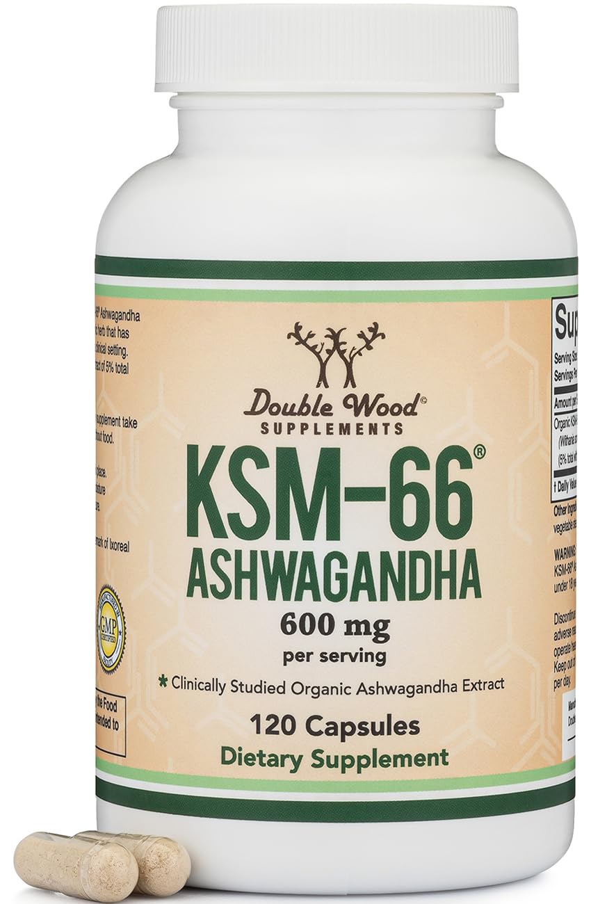 Double Wood Supplements Ashwagandha KSM 66 Organic and Clinically Studied Extract (600mg Per Serving, 120 Capsules, 60 Servings) Adaptogen Cortisol Manager for Women and Men Double Wood Supplements Au supplements