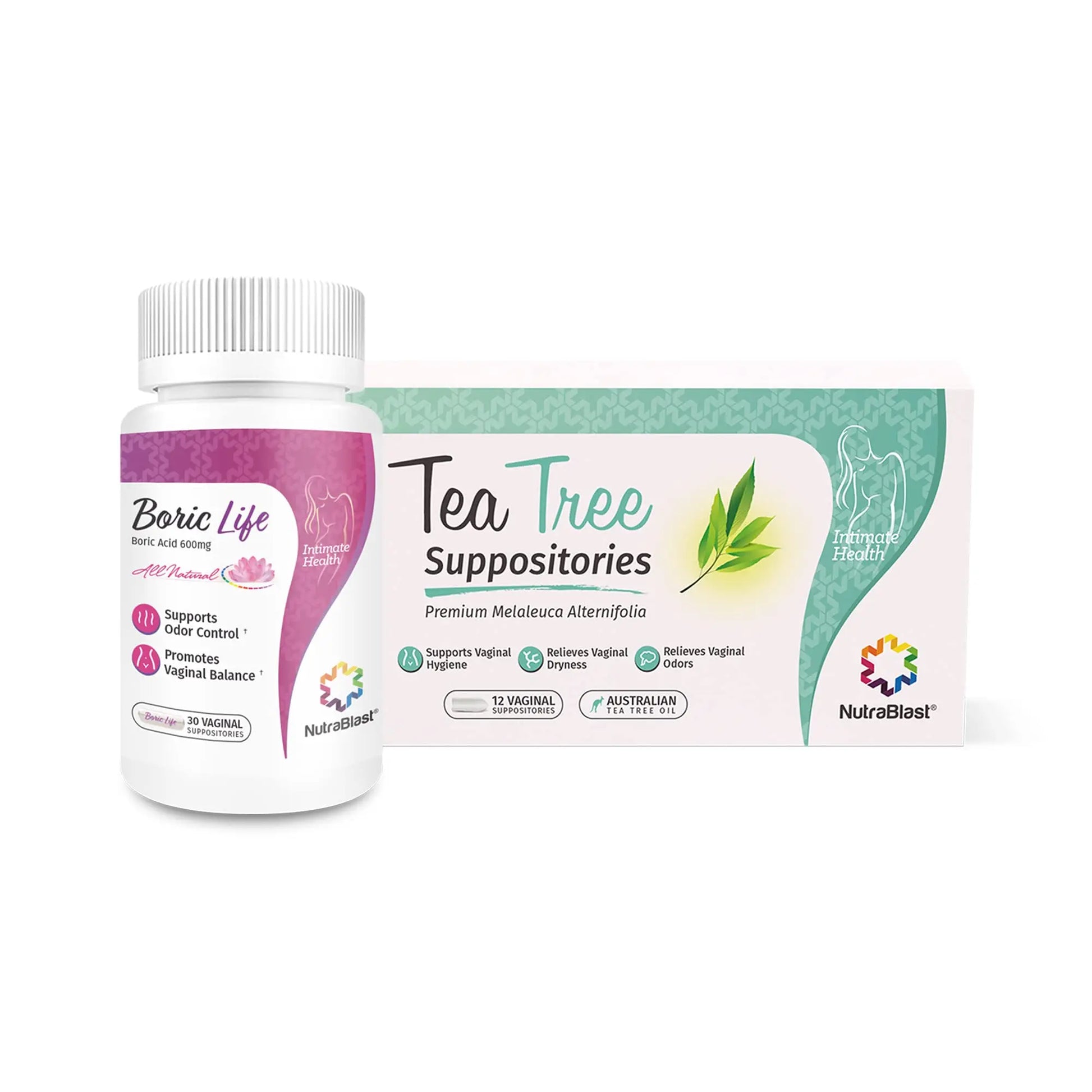 NutraBlast Boric Acid Suppositories 600mg (30 Count) Bundle with Tea Tree Oil Suppositories (12 Count) | All Natural Intimate Deodorant for Women | Restore Feminine pH Balance NutraBlast Au supplements