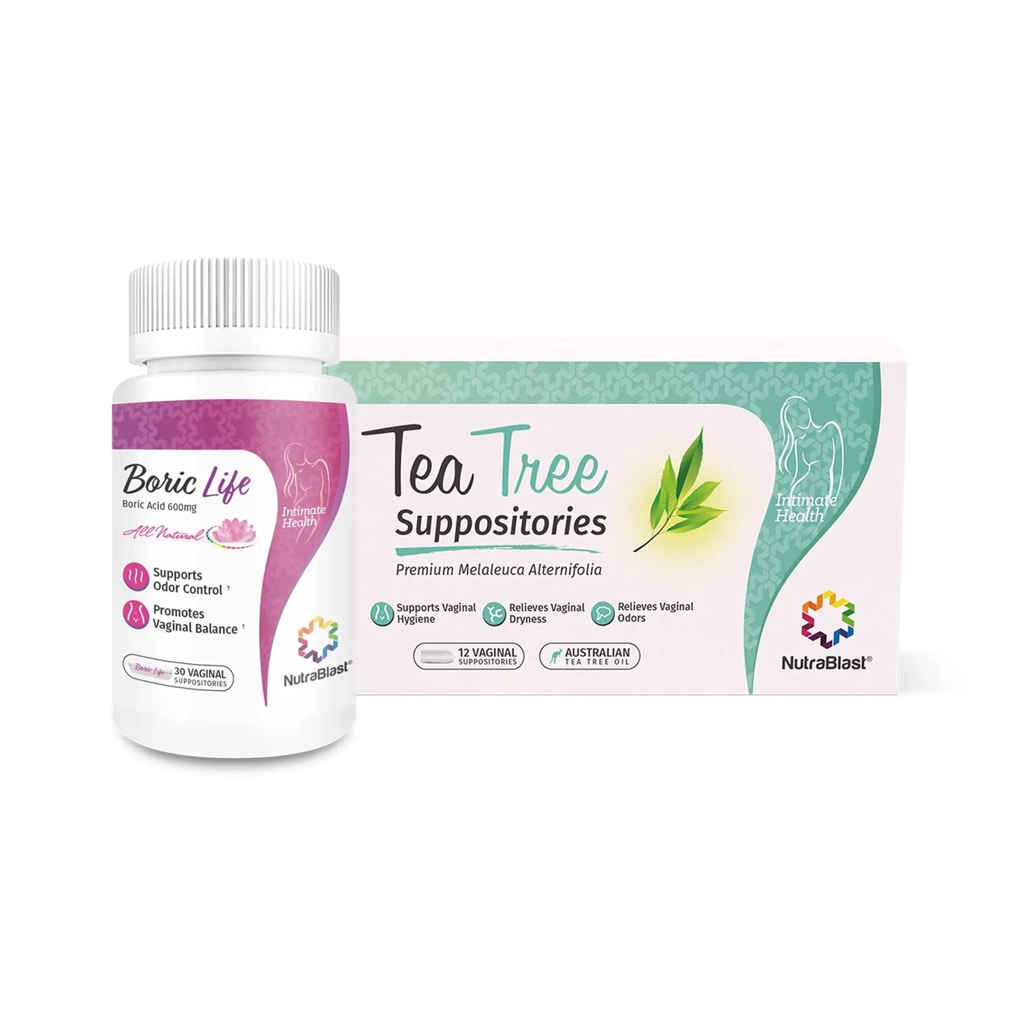 NutraBlast Boric Acid Suppositories 600mg (30 Count) Bundle with Tea Tree Oil Suppositories (12 Count) | All Natural Intimate Deodorant for Women | Restore Feminine pH Balance NutraBlast Au supplements
