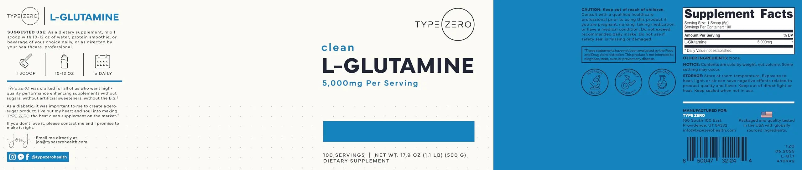 Type Zero L-Glutamine Powder (500G) 3-Month Supply Pure L-Glutamine Supplement - Vegan, Gluten Free, No Fillers Type Zero Au supplements