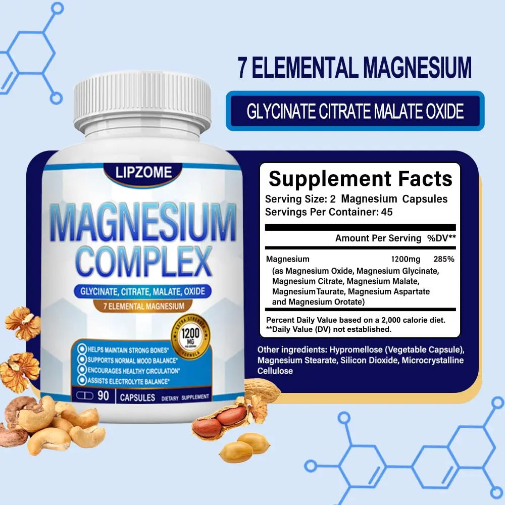 Magnesium Complex Supplement 1200mg - Advanced 7-in-1 Magnesium Blend - Glycinate, Citrate, Malate, Taurate, Oxide, Aspartate, Orotate – High Absorption Formula – Non-GMO, 90 Capsules Lipzome Au supplements