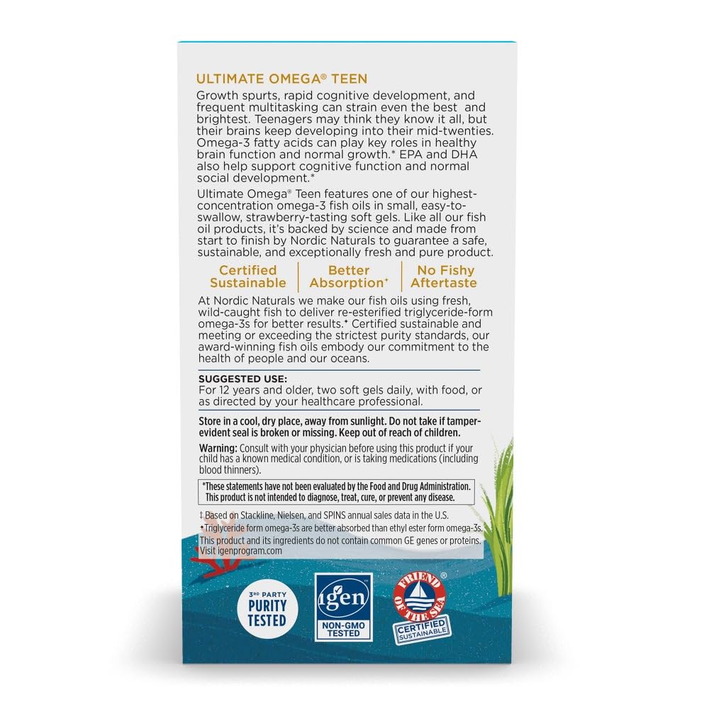 Nordic Naturals Ultimate Omega 2X Teen, Strawberry - 60 Mini Soft Gels - 1120 mg Total Omega-3s with EPA & DHA - Brain Health, Positive Mood, Social Development, Learning - Non-GMO - 30 Servings Nordic Naturals Au supplements