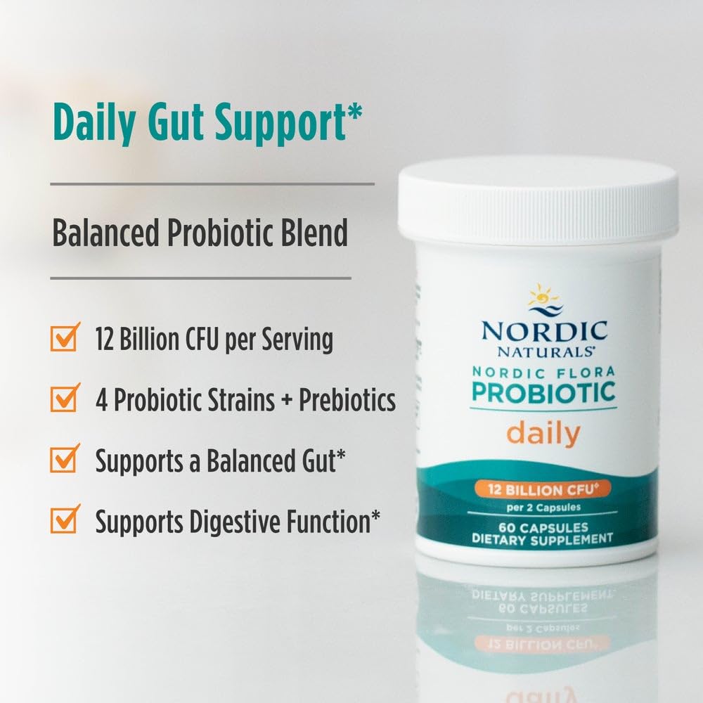 Nordic Naturals Nordic Flora Probiotic Daily - 60 Capsules - 4 Probiotic Strains with 12 Billion Cultures - Optimal Wellness, Immune Support, Digestive Health - Non-GMO, Vegan - 30 Servings Nordic Naturals Au supplements