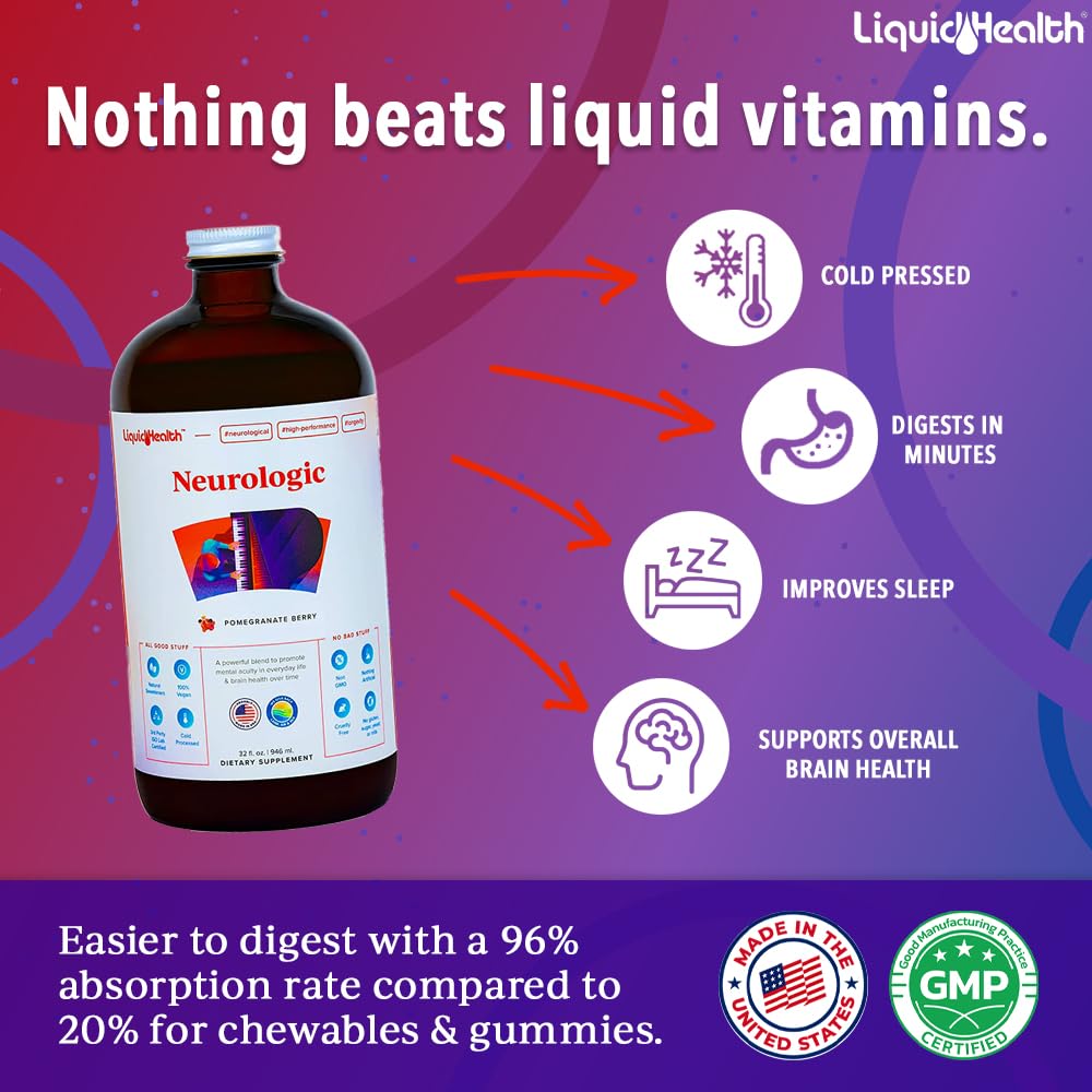 LIQUIDHEALTH Neurologic Focus Supplement - Brain Booster Nootropic Supplement for Cognitive Function, Memory & Focus with Ginkgo Biloba, Choline, L-Theanine & Phosphatidylserine - USA Made (2 Pack) LIQUIDHEALTH Au supplements