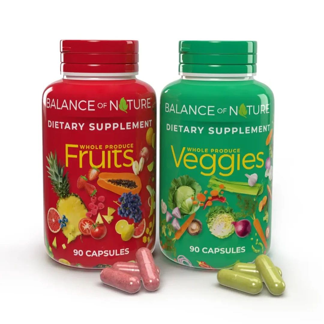 Balance of Nature Fruits & Veggies Supplements - Whole Fruit and Vegetable Ingredients for Women, Men, and Kids - 90 Fruits Capsules, 90 Veggies Capsules - 1 Set Balance of Nature Au supplements