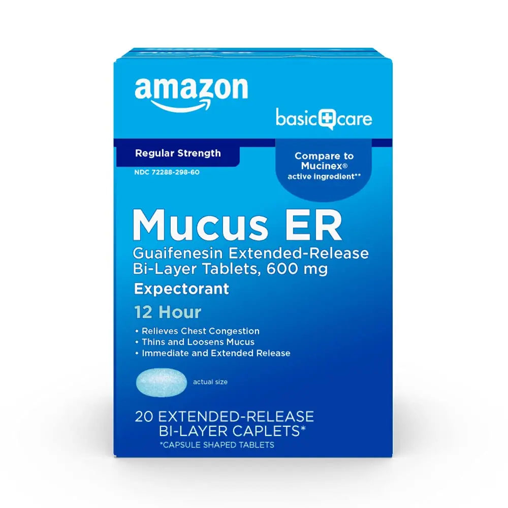 Amazon Basic Care Guaifenesin Extended-Release Tablets, 600 mg, 12 Hour Expectorant for Chest Congestion and Mucus Relief, 20 Count Amazon Basic Care Au supplements