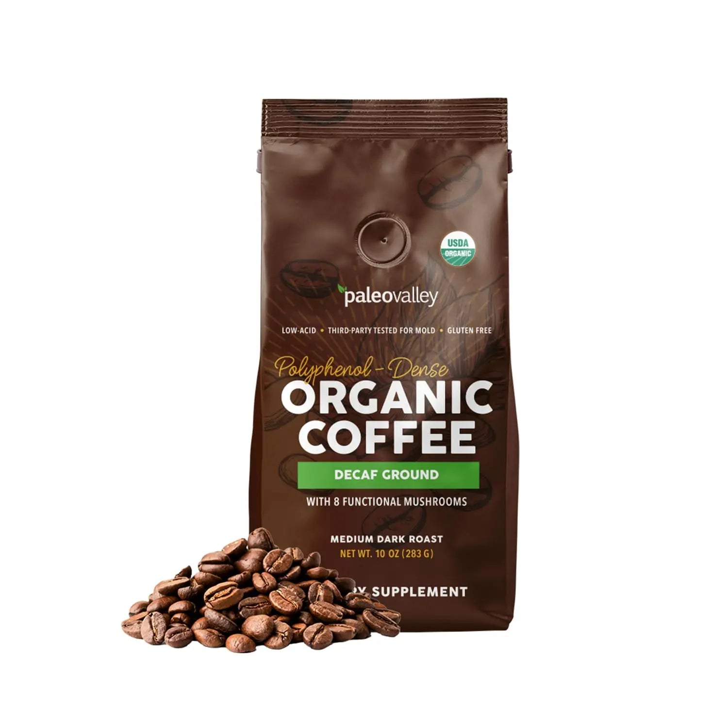 Paleovalley Organic Ground Coffee, 10oz - Decaf, Low Acid, Single-Origin, Polyphenol-Rich, Infused with Mushrooms Paleovalley Au supplements