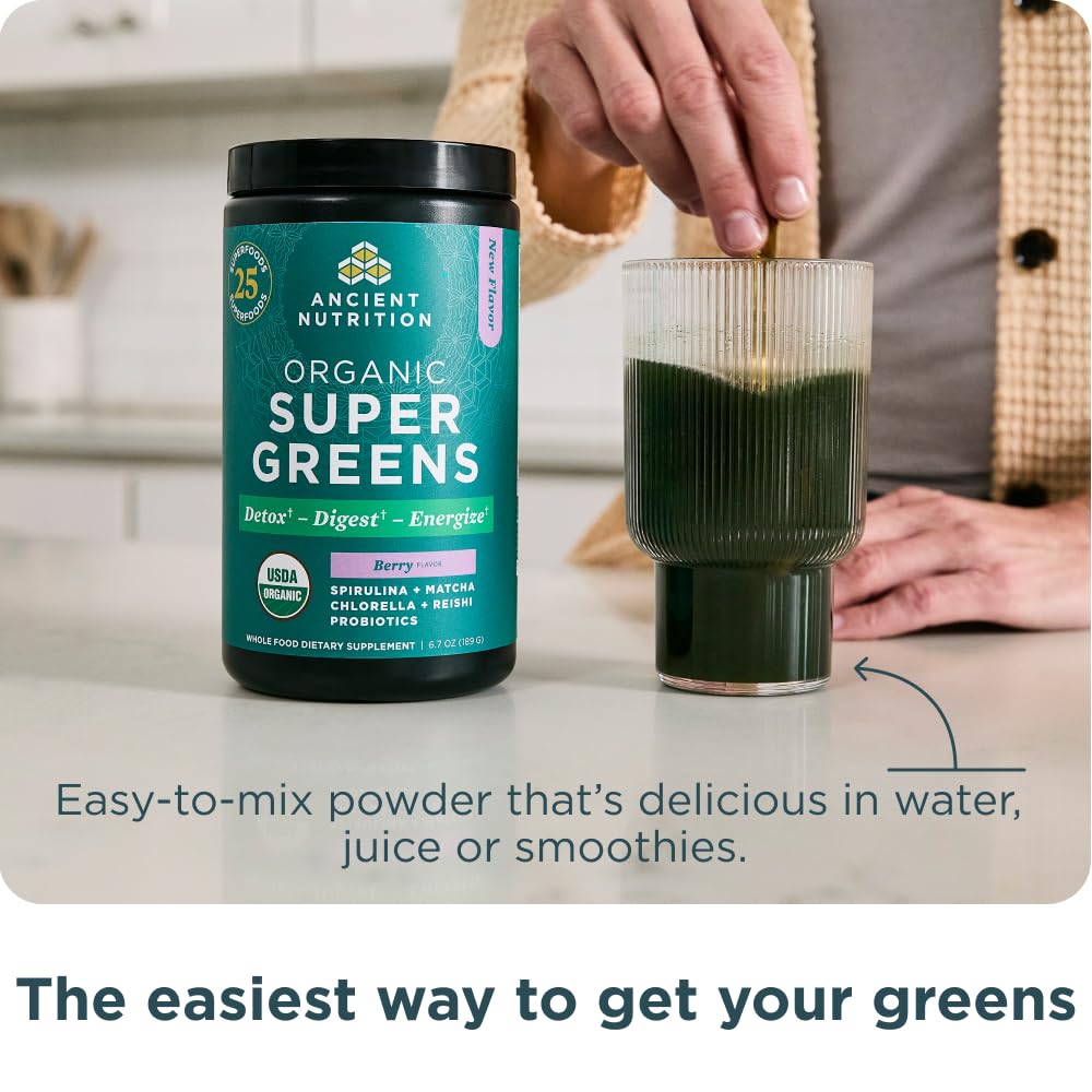 Ancient Nutrition SuperGreens Powder with Probiotics, Organic Berry Flavor Greens, Made from Real Fruits, Vegetables and Herbs, Digestive and Energy Support, 25 Servings, 6.7oz Ancient Nutrition Au supplements