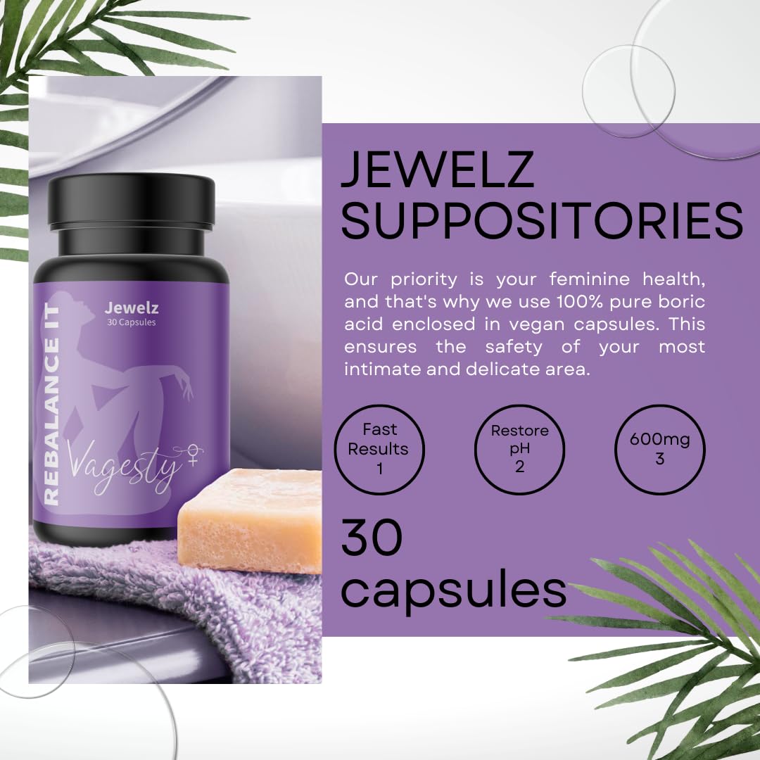 Vagesty Jewelz boric Acid Vaginal Suppositories, 100% Pure boric Acid, rebalance Vaginal pH Vagesty Au supplements