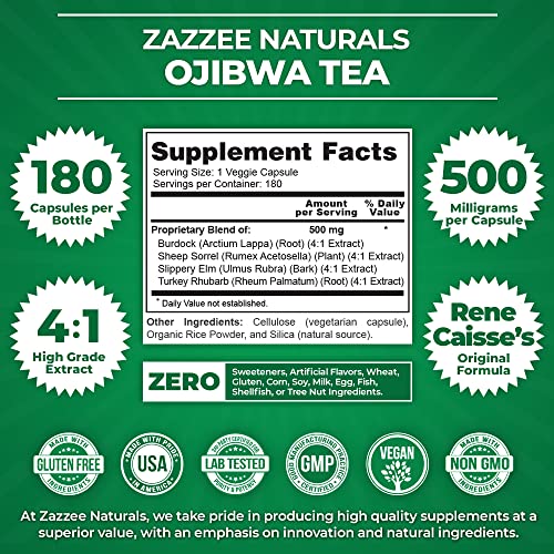 Zazzee Extra Strength Ojibwa Tea 500 mg, 180 Vegan Capsules, Rene Caisse's Original Zazzee Au supplements