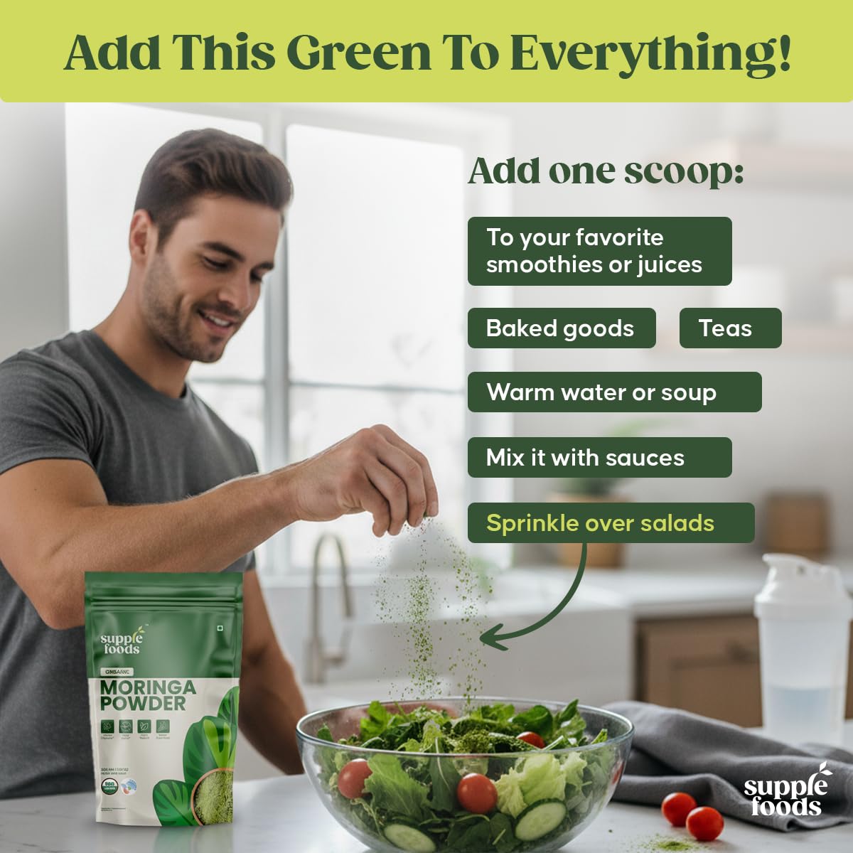 supplefoods Organic Moringa Powder 200 g / 7.05 oz | 100% Natural Green Superfood | Assists Digestion & Daily Detox | Finely Milled Moringa Leaf Powder | USDA Certified Organic Dietary Supplement supplefoods Au supplements