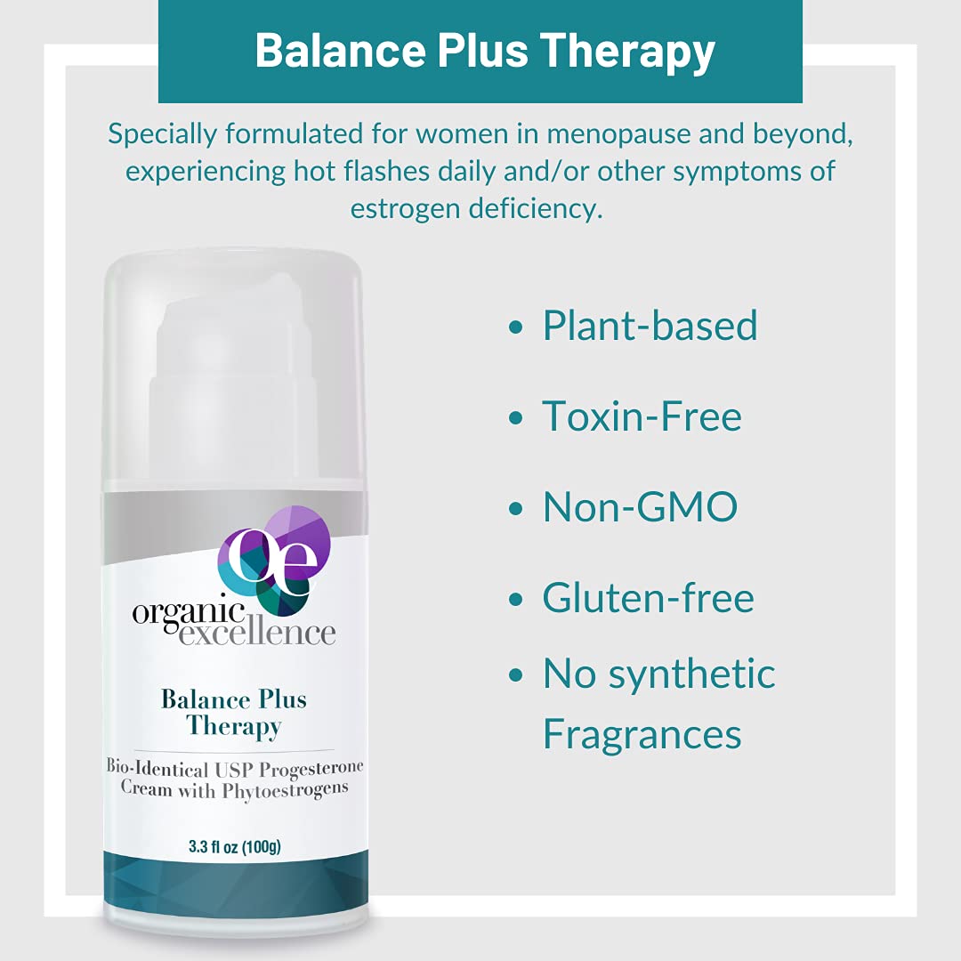 Organic Excellence Balance Plus Therapy - USP Bioidentical Organic Progesterone Cream for Women - with Phytoestrogens - for Menopause Relief and Natural Hormone Balance, 3.3 fl oz (100g) Organic Excellence Au supplements
