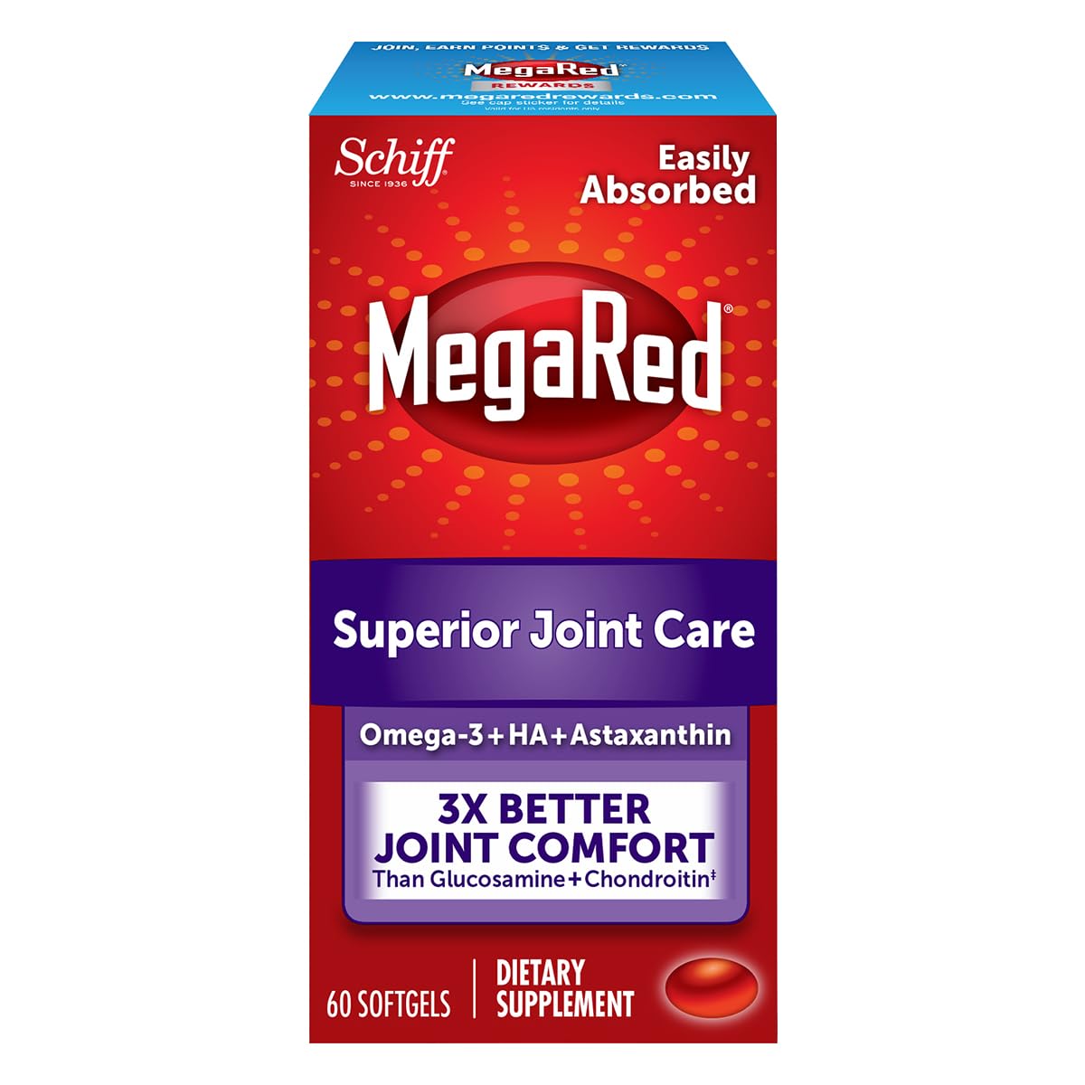 Omega-3 Krill Oil and Joint Supplement - Megared Joint Care 60 softgels - EPA/DHA fatty acids, Antioxidants, Hyaluronic acid, No fishy burp aftertaste as with Fish Oil MegaRed Au supplements