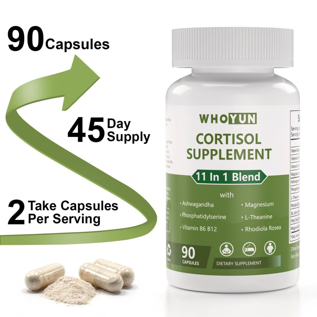 Whoyun Cortisol Supplement for Women, 11 in 1 Lower Cortisol Blend with Ashwagandha, Phosphatidylserine, Magnesium, L-Theanine, Vegan, 90 Capsules Whoyun Au supplements