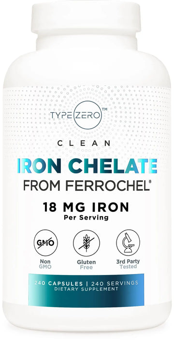 Type Zero Iron Chelate Capsules (18 MG, 240 CAPS) from Ferrochel Ferrous Bisglycinate Chelate - Non-GMO and Gluten Free Type Zero Au supplements