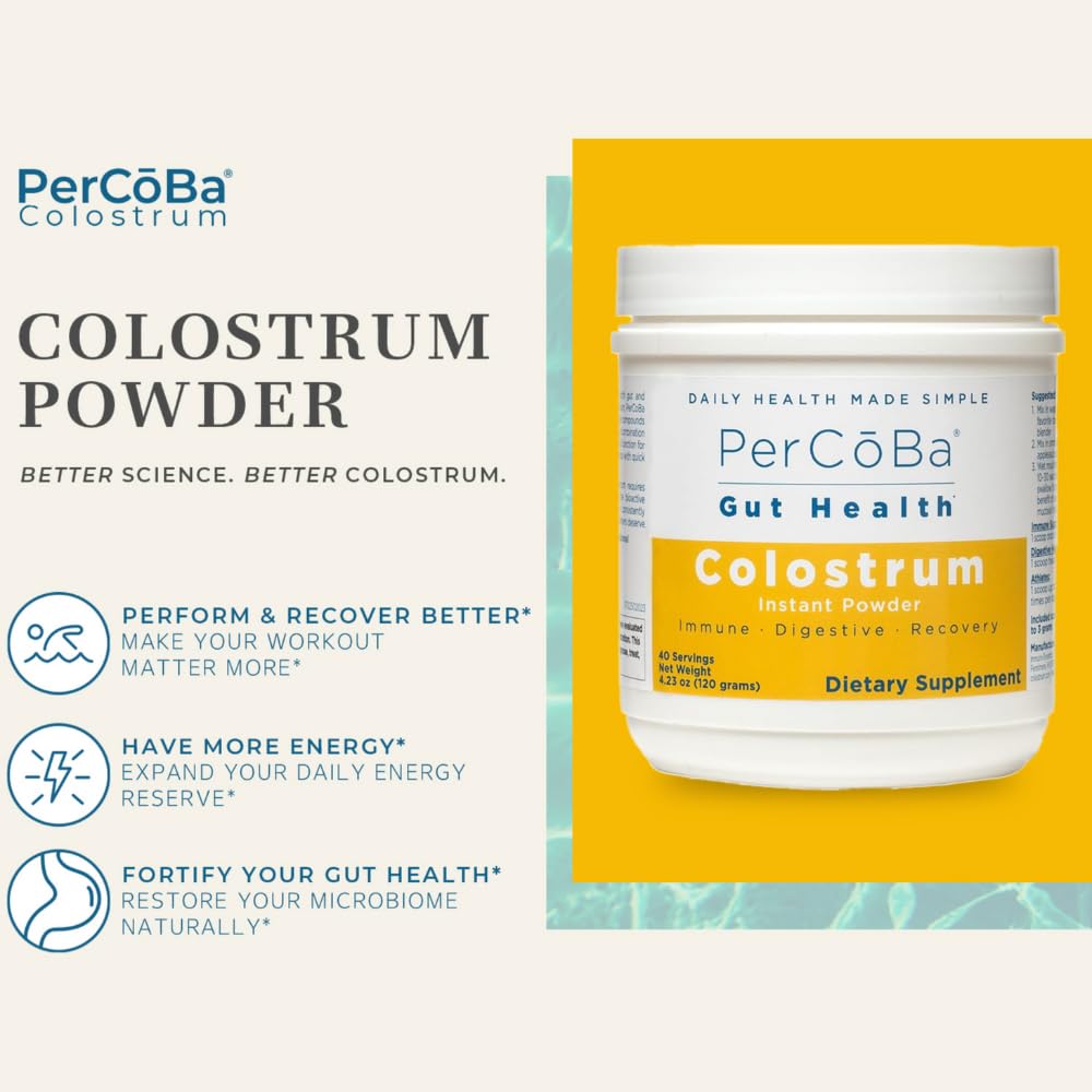 Colostrum Supplement for Gut Health, Bloating, Hair Growth, Muscle Recovery, Immune Support - Unflavored Bovine Colostrum Powder Made in USA, Non-GMO, Gluten Free, 120 Grams Per Serving - 40 Servings PERCOBA Au supplements