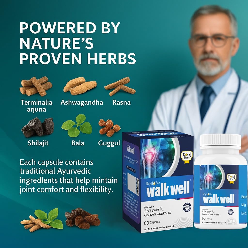 Royal Bee Walkwell Capsules – 60 Capsules – Supports Joint Pain & Inflammation Relief · Useful in Osteoarthritis · Promotes Flexibility & Mobility · Clinically Studied Herbal Ingredients Generic Au supplements