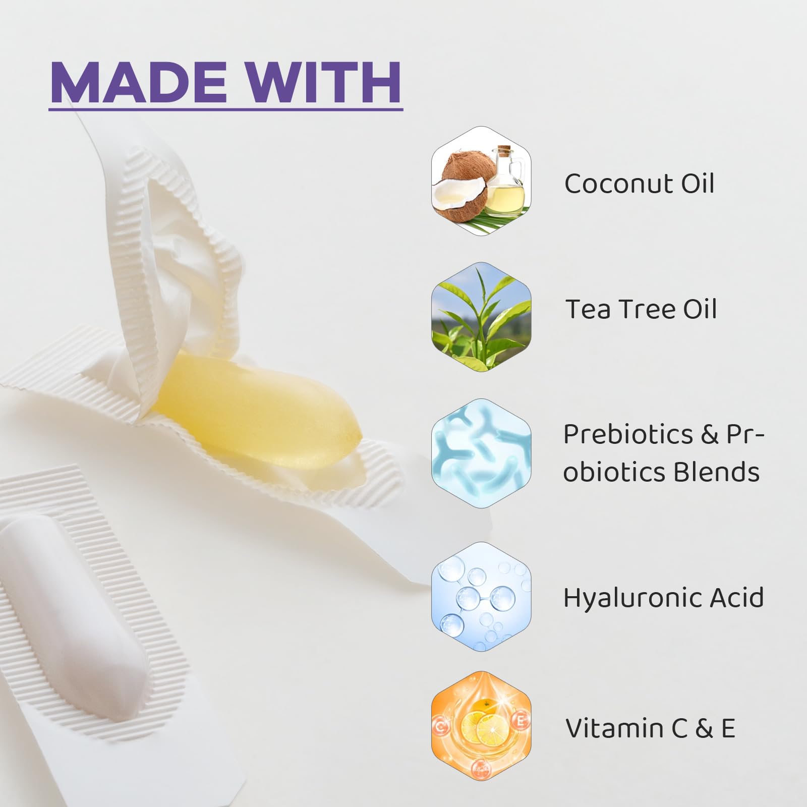Vaginal Probiotic Suppositories, Prebiotic Infused with Hyaluronic Acid, Tea Tree, and Vitamin C&E Vagiria Au supplements