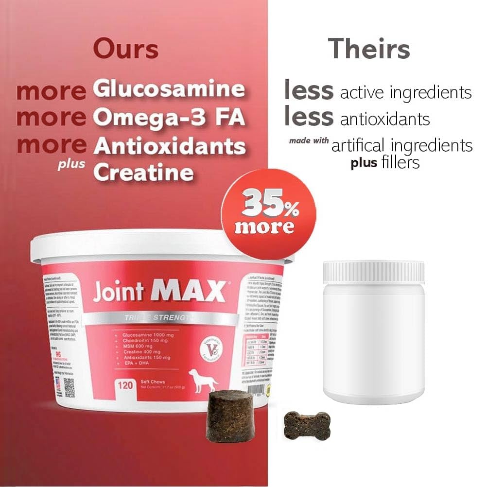 Joint Max TS Joint Supplement Vet Formulated Pain & Inflammation Relief Treats Hip Dysplasia & Arthritis, Glucosamine, Chondroitin, Turmeric, MSM, HA, Creatine, Omega 3 EPA + DHA.120 Soft Chews Joint Max Au supplements