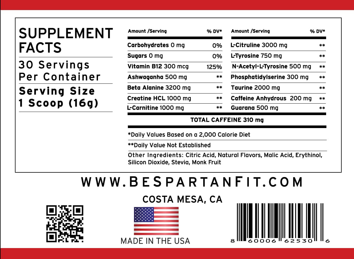 Spartan Fit Nutrition Pre-Workout Powder -Berry Flavor with Full Serving of Creatine +310mg Generic Au supplements