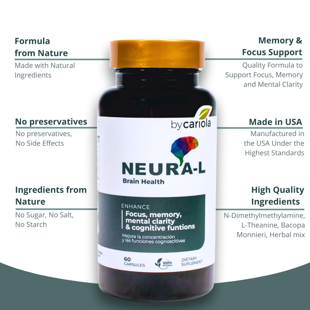 BY CARIOLA Neural-L Natural Brain Support Supplement 60 Caps - Mental Support – Memory Booster - Concentration - Natural Formula - Ashwagandha - L-Tyrosine - L-Theanine BY CARIOLA Au supplements