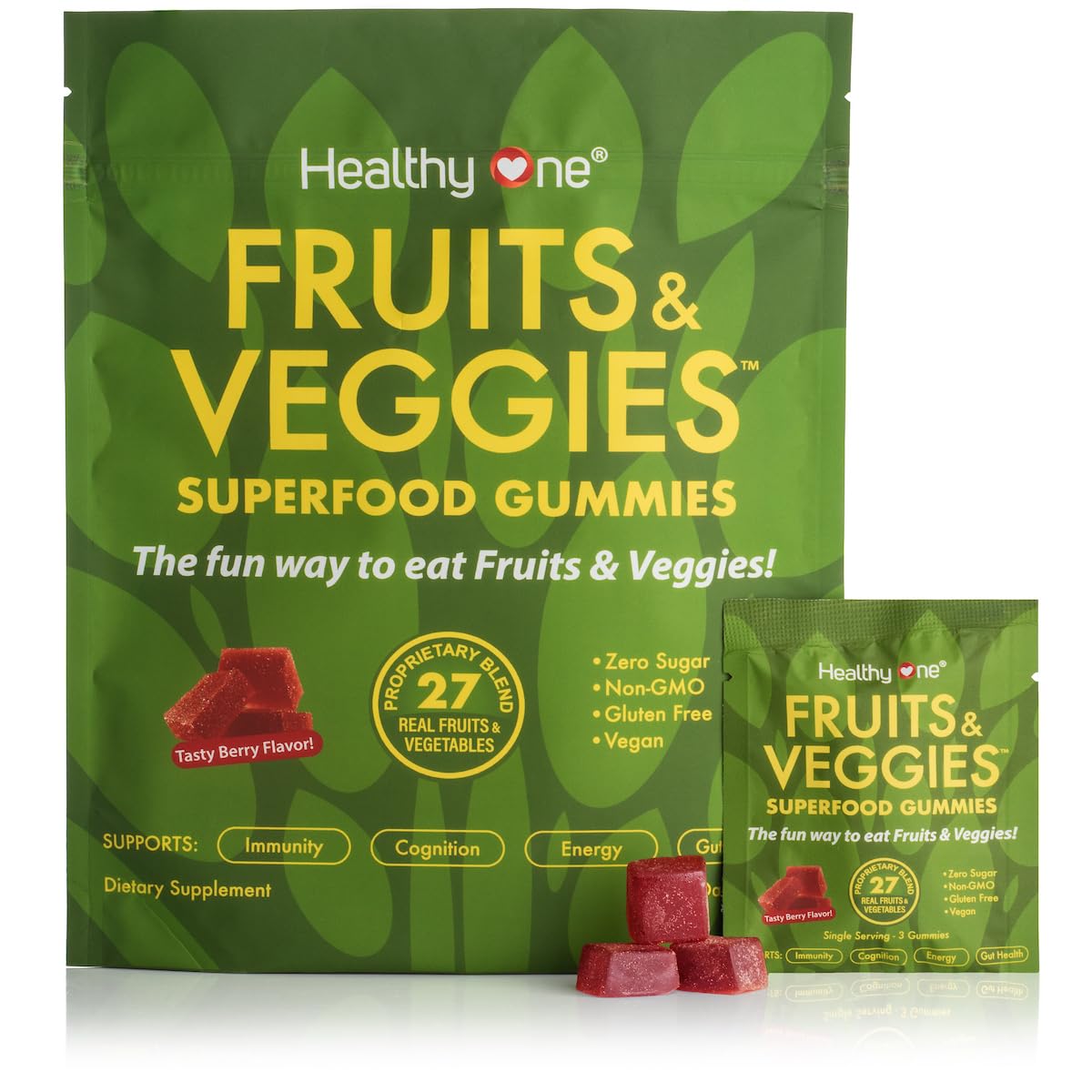 Fruits & Veggies Sugar-Free Gummies - 27 Whole Foods - Equals 3 Servings of Fruits & Vegetables - Improve Energy, Focus & Immune Function - Fiber - Antioxidants - Organic Ingredients - 28 Packets Healthy One Au supplements