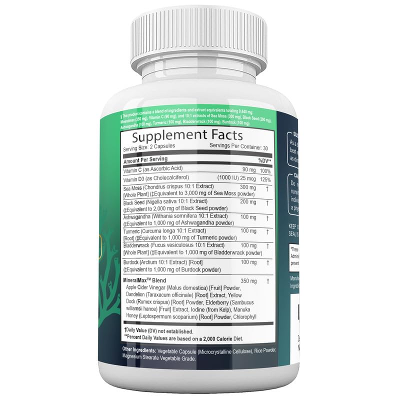 Sea Moss Capsules with Black Seed Oil, Burdock Root, Bladderwrack, Turmeric, Ashwagan Zeus Naturals Au supplements