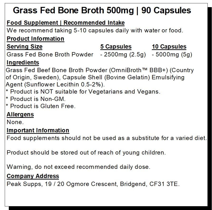 Grass fed Beef Bone Broth 500mg- 90 Capsules - Rich in Type 1 & 3 Collagen Peak Supps Au supplements