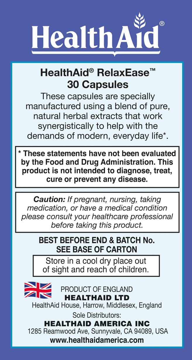 RelaxEase, Herbal Blend to Support Harmony and Tranquility, Once Daily, 30 ct, Helps Promote Health and Relaxation HealthAid Au supplements