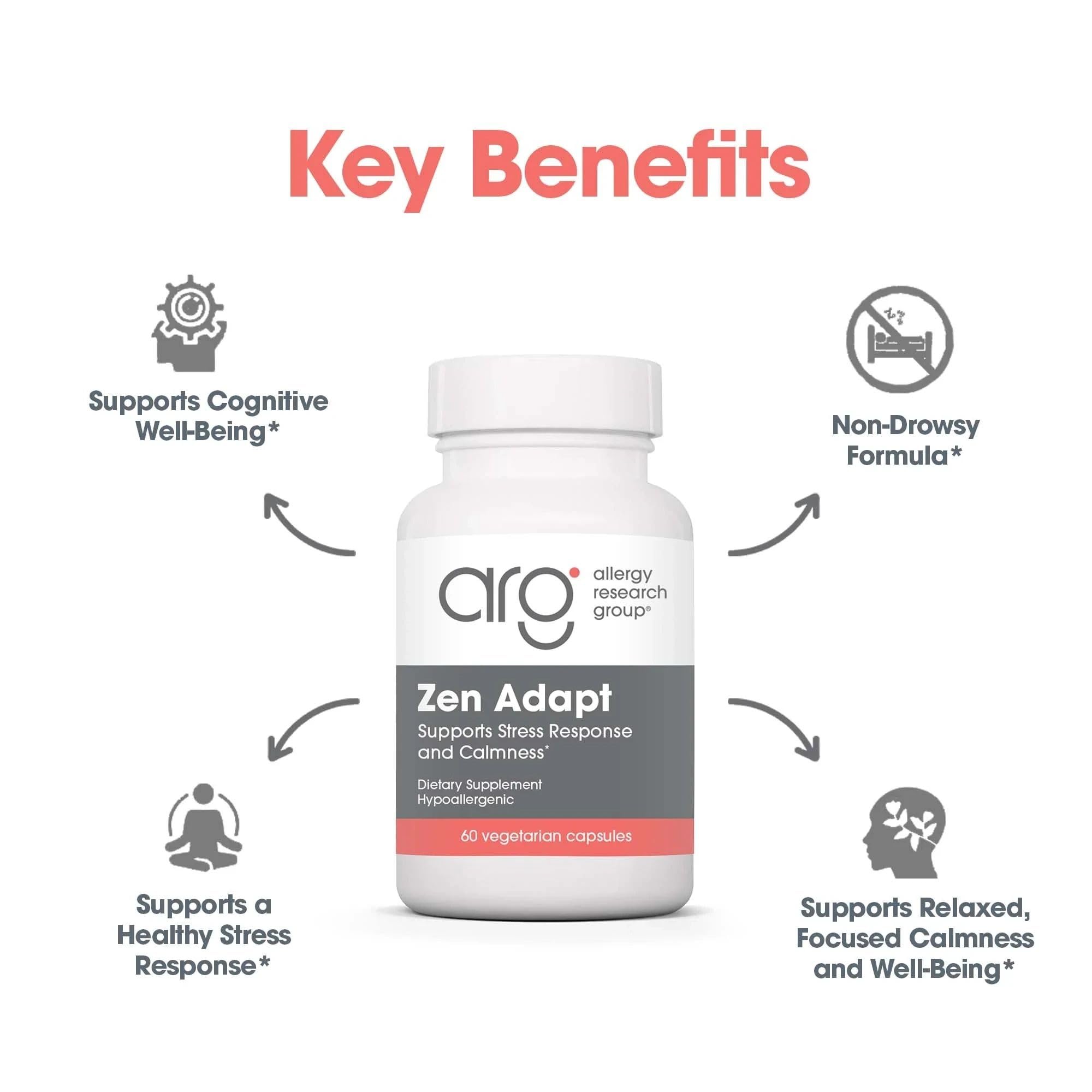 NutriCology ZenMind Adapt - 200 mg L-Theanine, 125 mg Ashwagandha & 550 mg GABA - Supports Stress Response and Calmness - Vegetarian Capsules - Hypoallergenic Formula - 30 Servings - 60 Capsules Allergy Research Group Au supplements