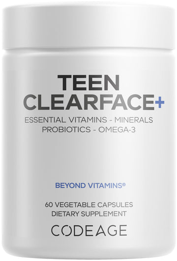 Codeage Teen Clearface Adolescent Face, Skin & Pimples, Vitamins A, C, D3, E, Pantothenic Acid, Niacin, Zinc Supplement Teenagers, Probiotics, L-Lysine, Omega-3, Oily Skin, Pores, Spots - 60 Capsules Codeage Au supplements