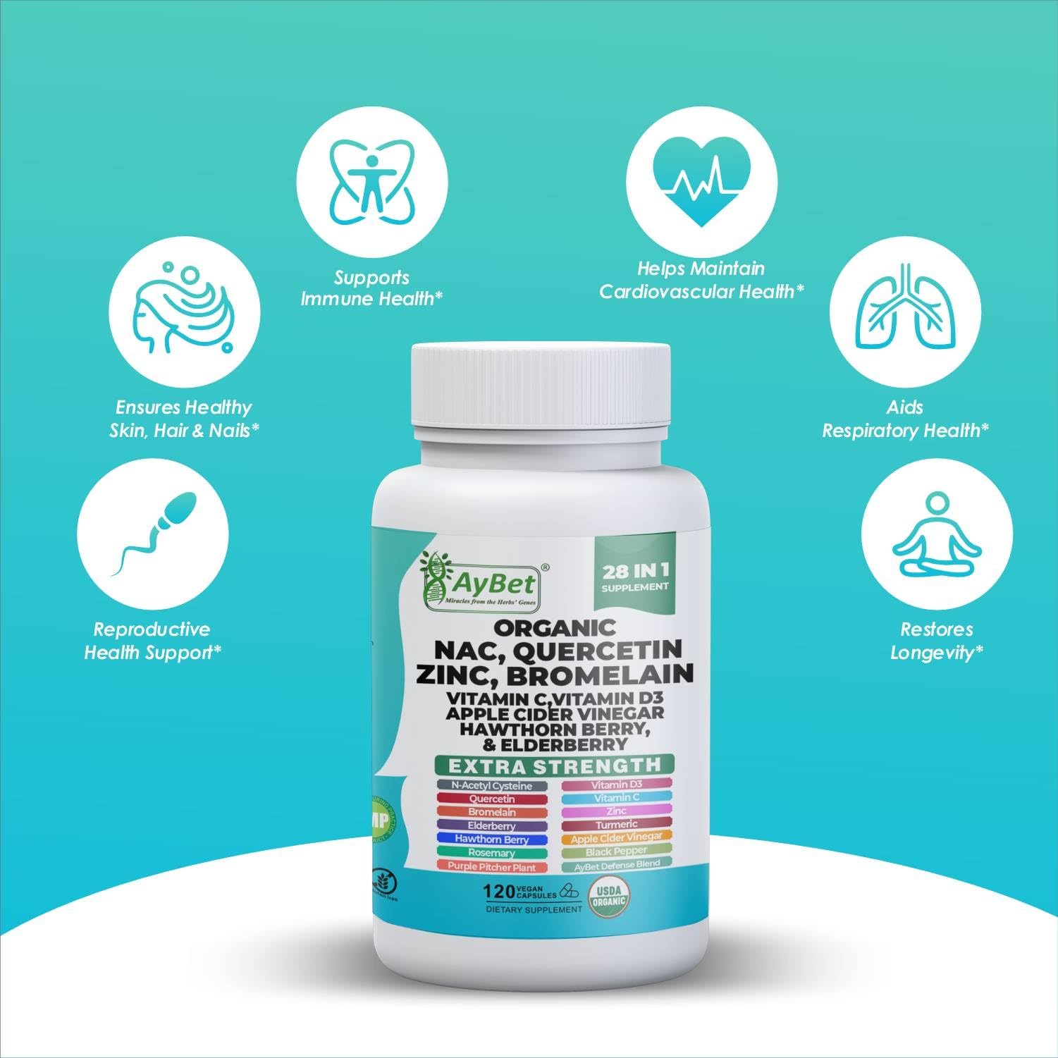NAC-n-acetyl cysteine- Quercetin Zinc Bromelain Supplement | Extra Strength with Vit C, D3, Apple Cider Vinegar, Elderberry, Hawthorn Berry, Turmeric | Immune Support|120 Vegan Capsules | USDA Organic AyBet Au supplements