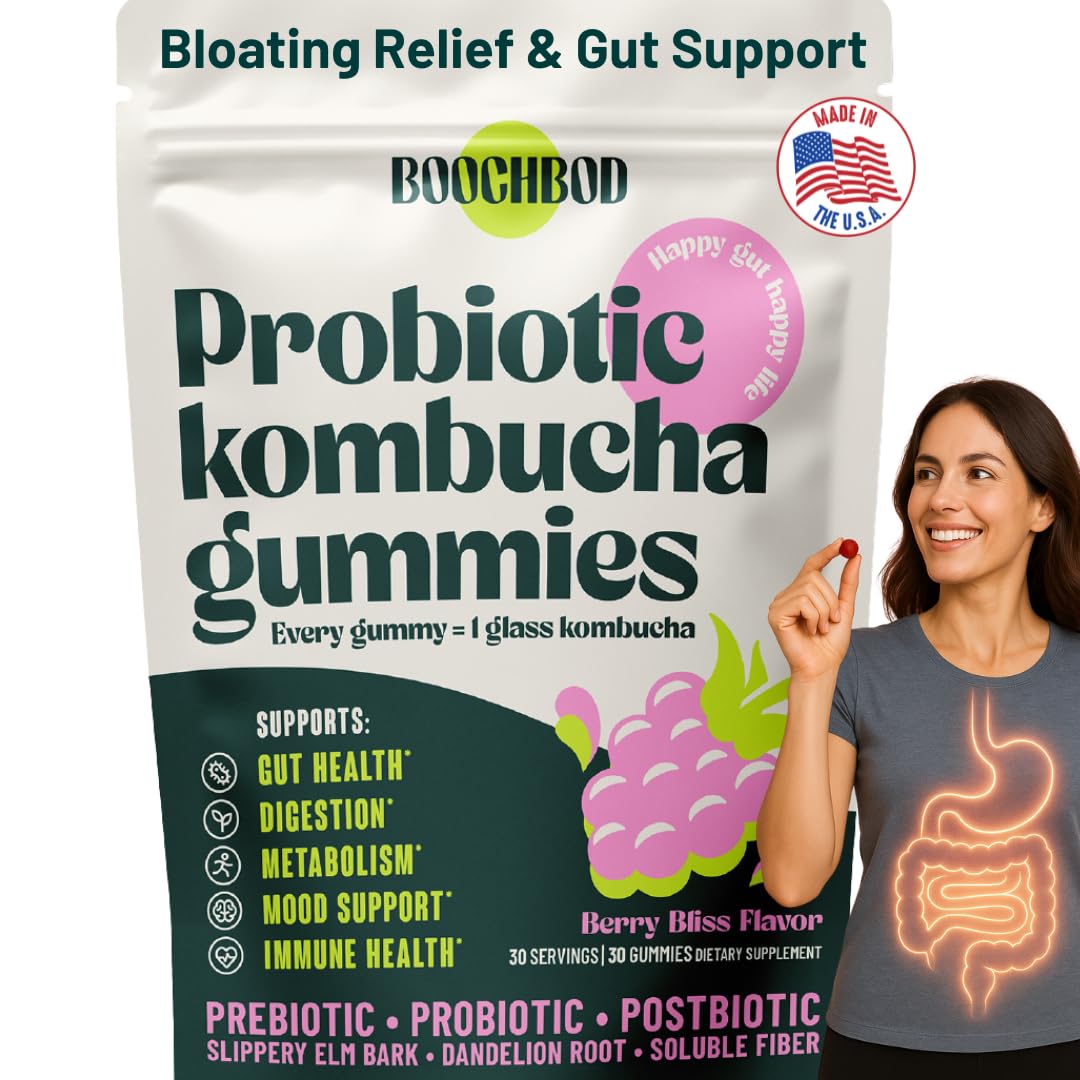 BoochBod - Probiotic Kombucha Gummy - Prebiotics, Probiotics, Postbiotics, Fiber Supplement, Slippery Elm, Dandelion Root, MCT Oil, for Bloating, Gut Health - Probiotics for Women and Men BoochBod Au supplements