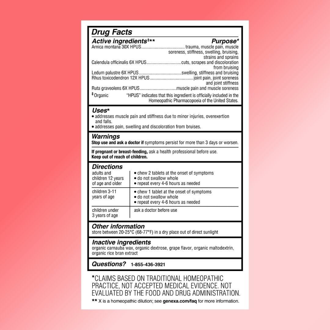 Genexa Arnica for Pain Relief | Alleviate Muscle & Joint Pain, Soreness & Stiffness | Reduces Bruises & Swelling | Organic Grape Flavor | Homeopathic Remedy Made Clean | 100 Chewable Tablets Genexa Au supplements