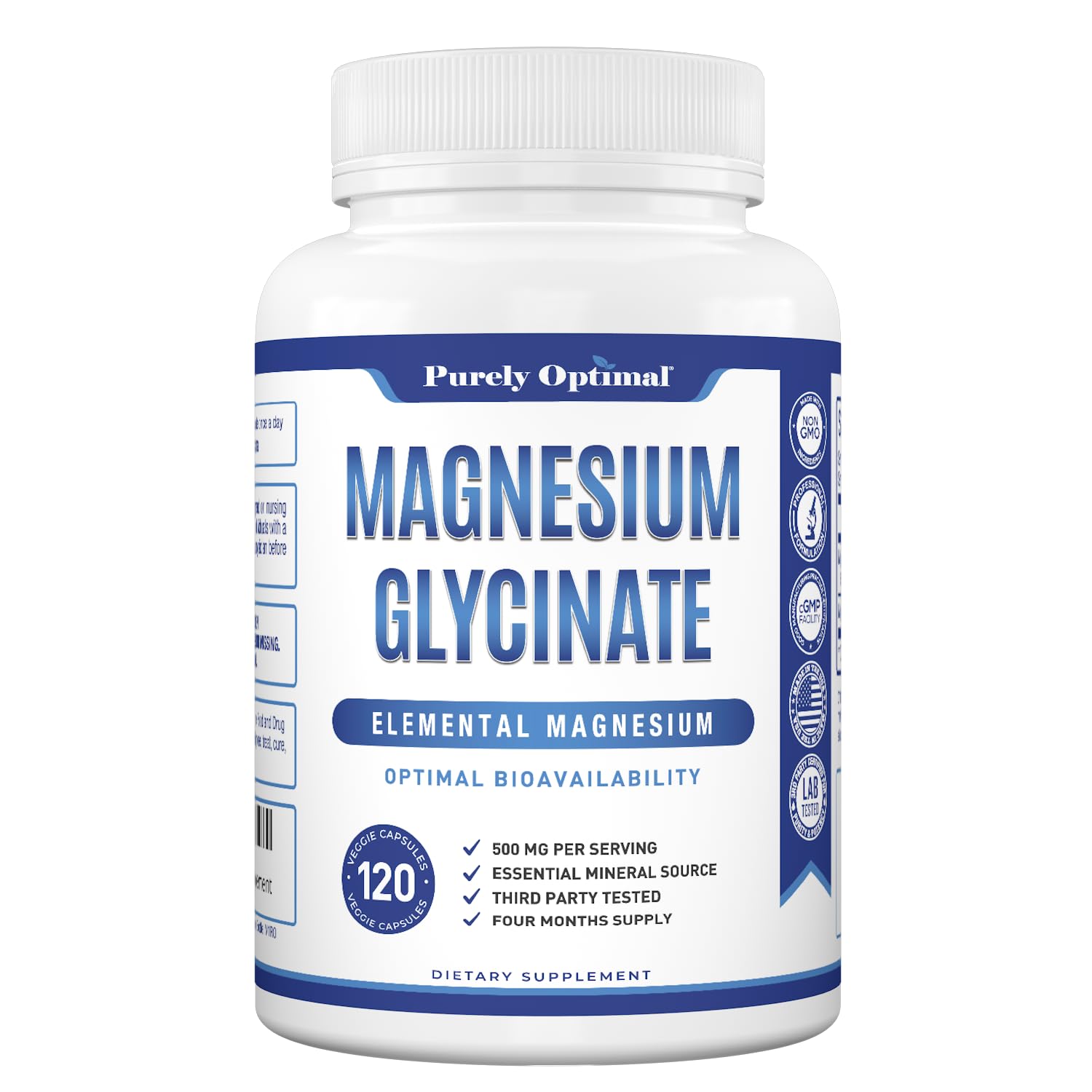 Purely Optimal Magnesium Glycinate 500mg – Sleep Support & Stress Relief – Gentle, High Absorption Magnesium Supplement for Muscle Relaxation, Calm & Nerve Support – 120 Capsules Purely Optimal Au supplements