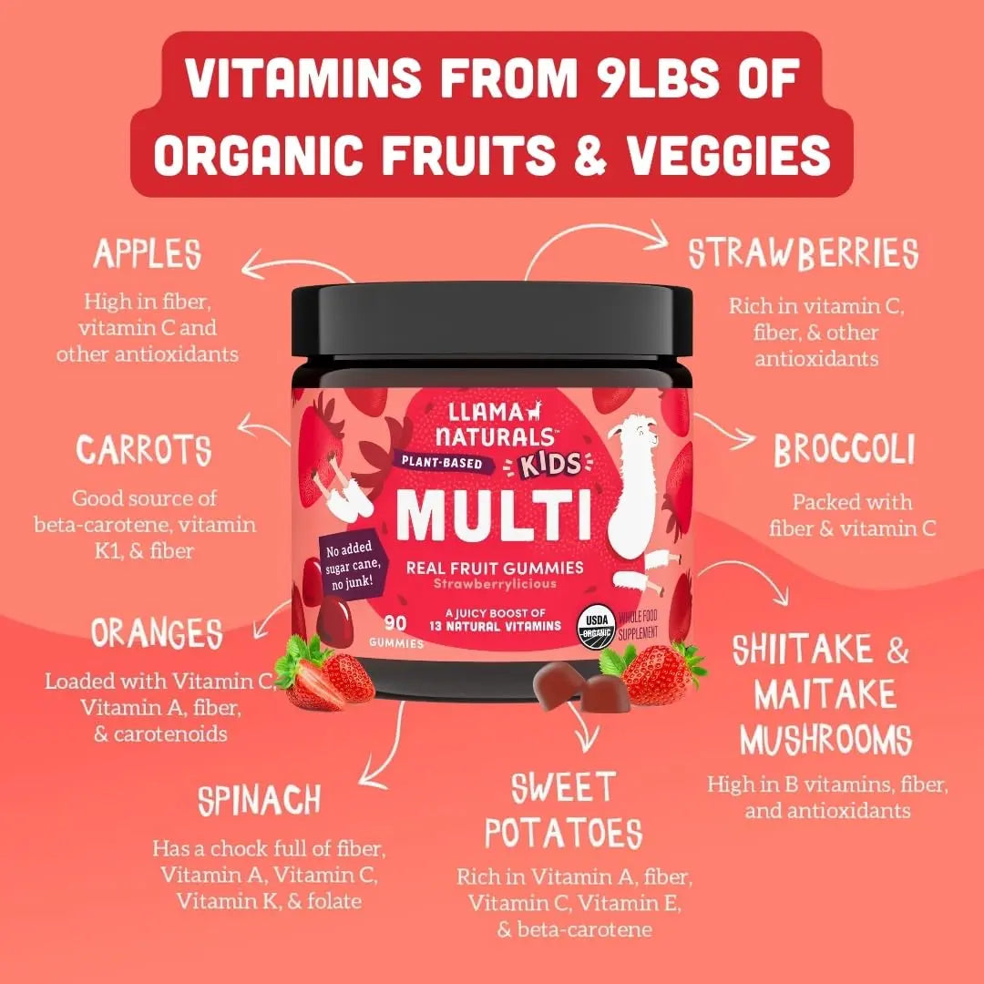 Llama Naturals Kids Multivitamin Gummies | Real Fruit, No Added Sugar Cane | Organic Vegan Toddler Whole Food Vitamins | Llama Naturals Au supplements