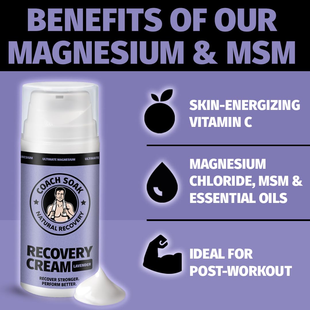 Coach Soak Magnesium Cream with MSM in Pump Bottle - Natural Recovery Cream with Magnesium Chloride & Menthol - Fast-Absorbing for Muscles & Joints, Lavender 3.4oz Coach Soak Au supplements