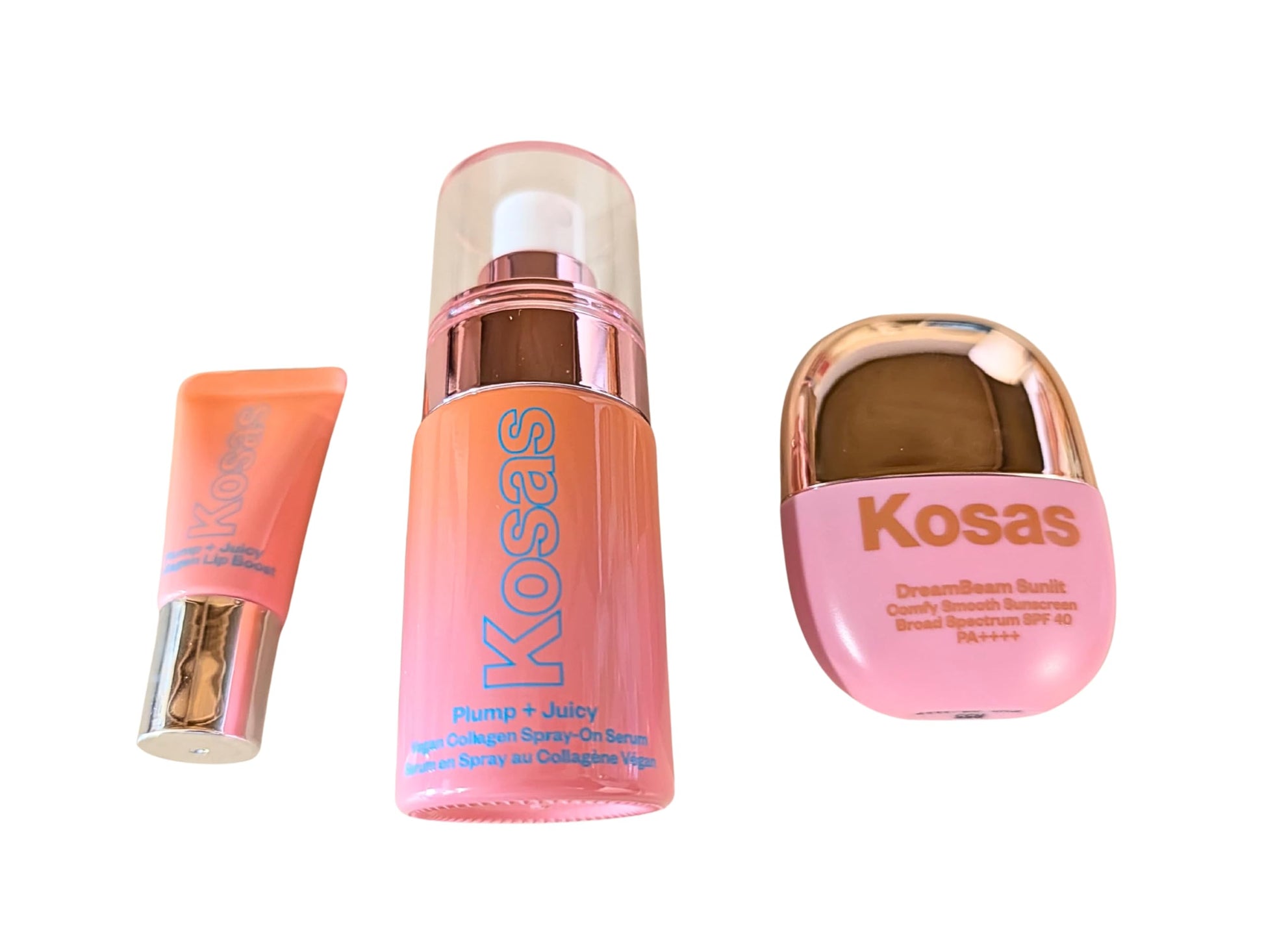Kosas Plump + Juicy Makeup Prep Skincare Set – 3-Piece Mini Set with Collagen Spray-On Serum (1 oz), DreamBeam Sunlit SPF 40 PA++++ Sunscreen (0.5 oz), and Lip Booster (0.17 oz) Kosas Au supplements