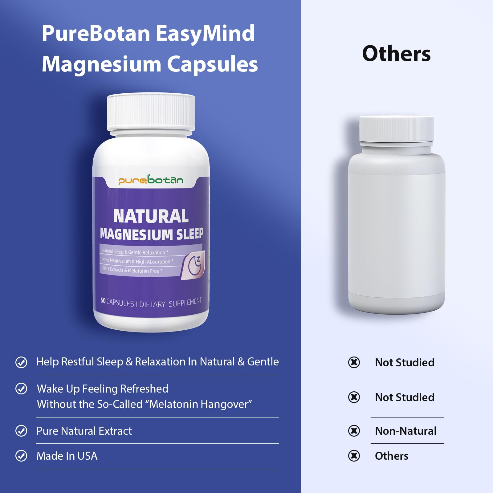 PureBotan Magnesium Oxide and Glycinate Extra Strength, Natural Sleep Aid Supplement EasyMind, High Absorption, Restful Sleep & Relaxation, Cortisol Lower, Natural-Gentle, Melatonin Free, 60 Capsules PureBotan Au supplements