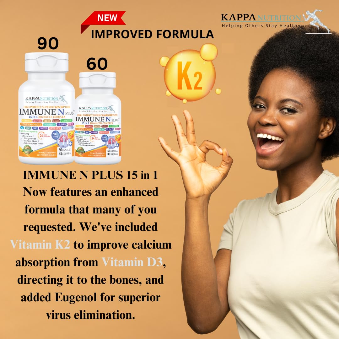 (90 Capsules), NAC 600mg, Quercetin 1,000mg, Vitamin C 500mg, Zinc 50mg, Vitamin D3 5,000iu, Selenium, Copper, Acerola, Ginger, Rutin, Citrus Bioflavonoids, Rose Hips, Echinacea, Immune N Plus 15 in 1 KAPPA NUTRITIONAu supplements