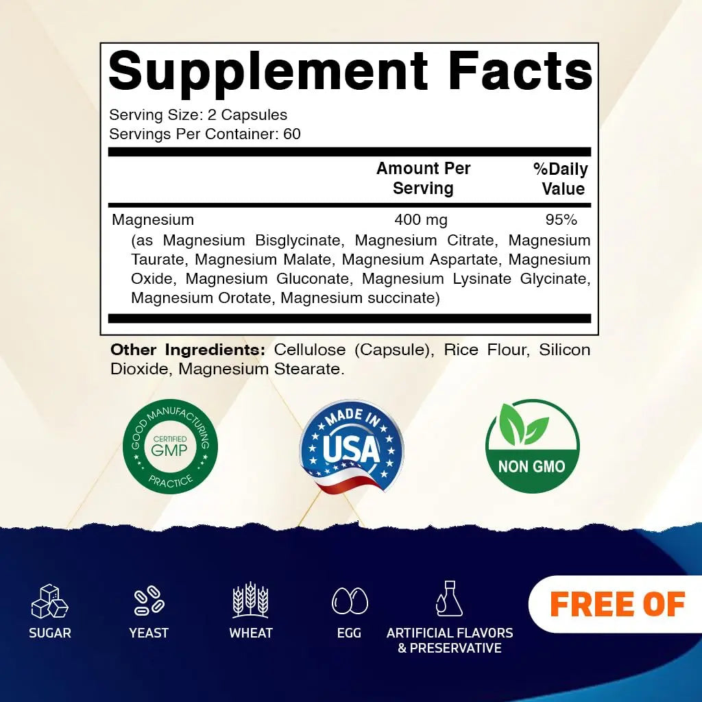 Vitamatic Magnesium Complex, 400mg Elemental MG (as Bisglycinate, Citrate, Taurate, Malate, Aspartate, Oxide, Gluconate, Lysinate Glycinate, Orotate, Succinate) – 120 Capsules Vitamatic Au supplements
