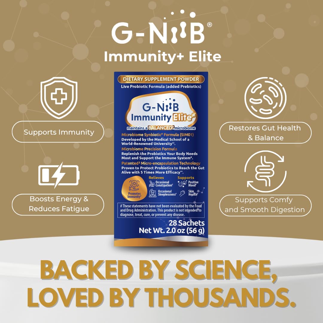 G-NiiB Immunity Elite (SIM01 Synbiotic Formula) - Potent Live probiotics and Added prebiotics to Support Immunity, Regularity, Sleep, Mood, and Skin - 5X More Effective in Reaching the Gut Alive G-NiiB Au supplements