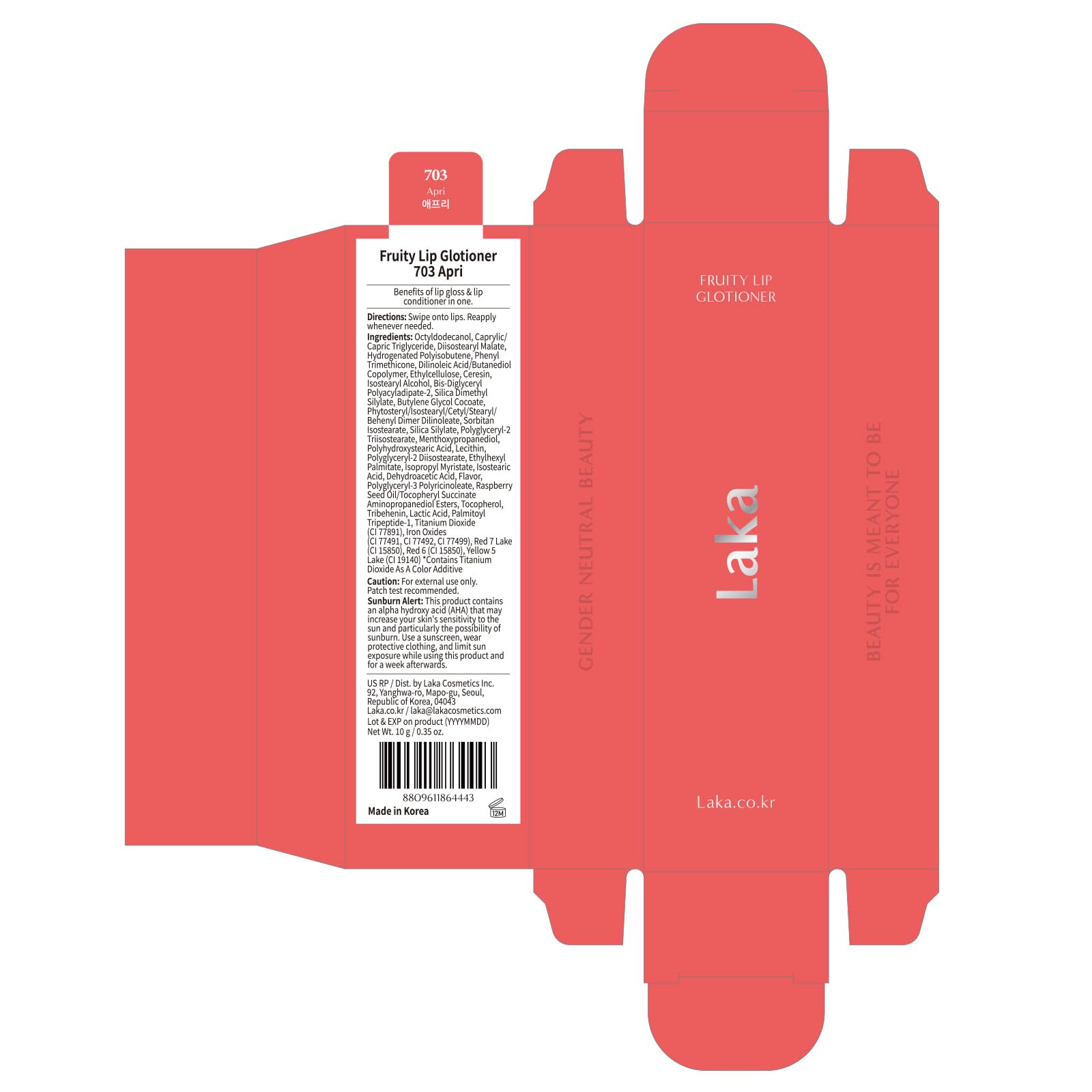 Laka Fruity Lip Glotioner, 10ml/0.33 fl.oz, Lip Gloss with High Shine Vivid Colors, Jelly tip for Hygienic & Easy Application, K-Beauty (#703 Apri) Laka Au supplements