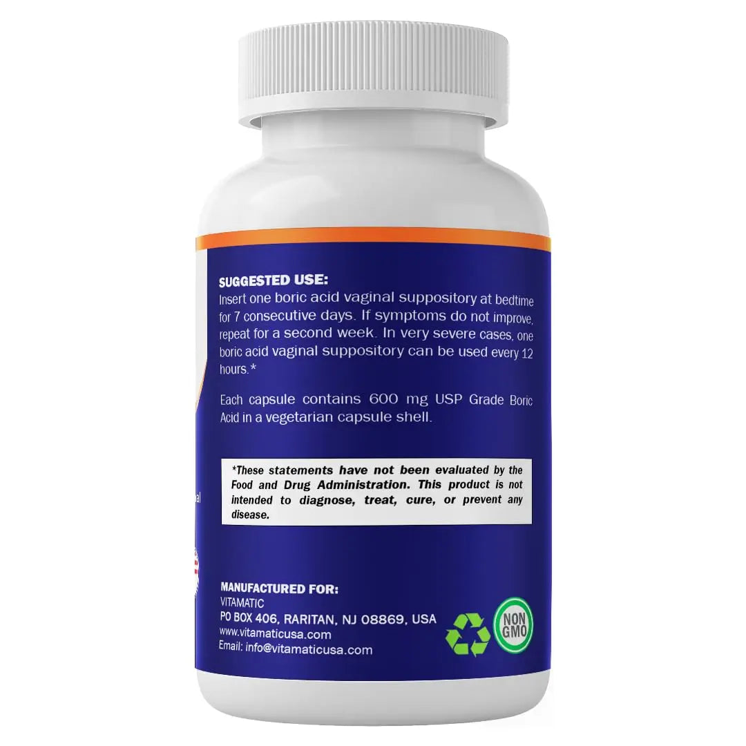 Vitamatic Boric Acid Vaginal Capsule Shell Suppositories 600 mg USP Grade Boric Acid in Vegetarian Capsule Shell - 60 Count Vitamatic Au supplements