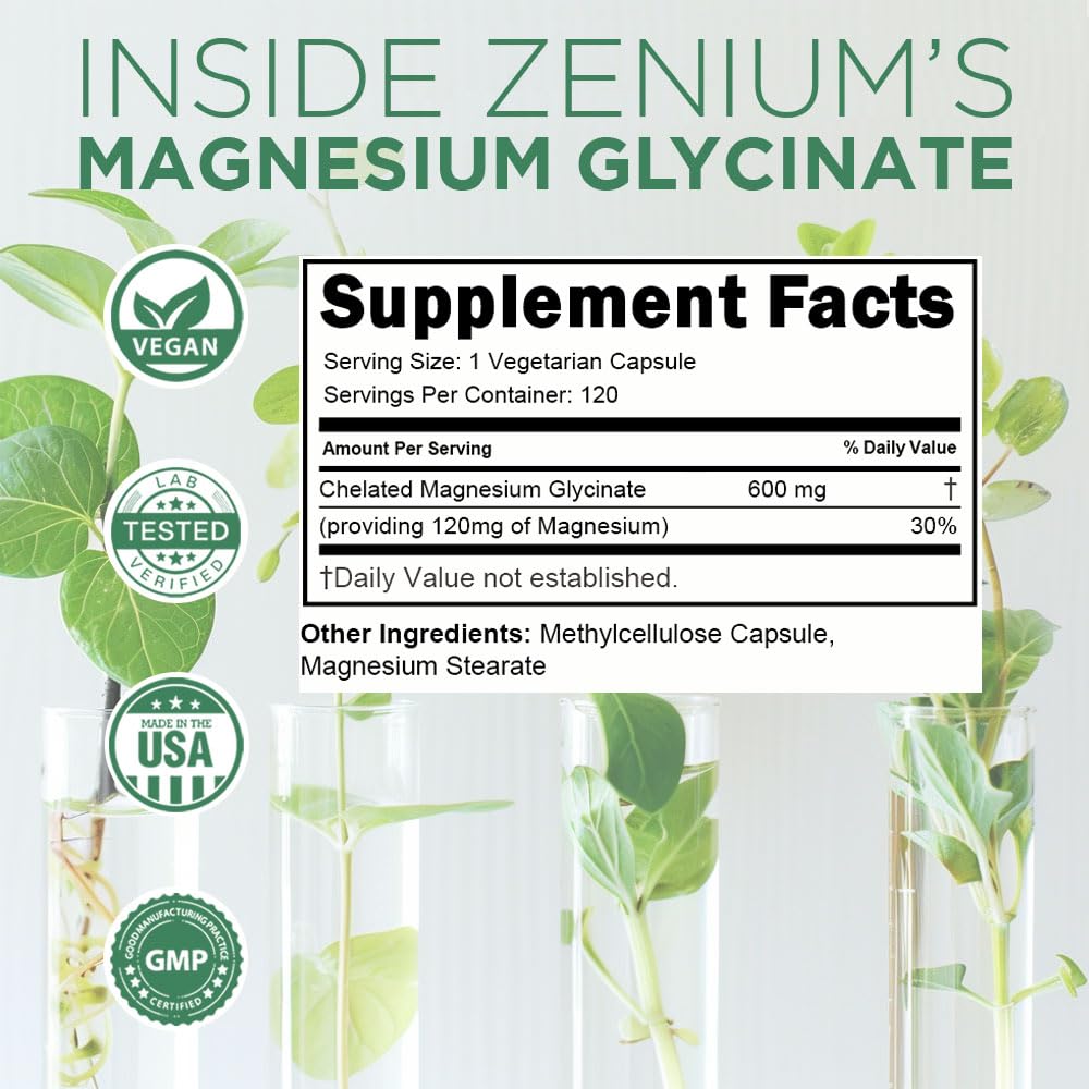 Zenium - Magnesium Glycinate for Sleep, Chelated, 600mg per Serving, 120 Capsules | High Absorption | Relieve Tension, Worry, Nervousness | Calm The Mind & Body | Ayurvedic | Natural Relief Supplement Zenium Au supplements