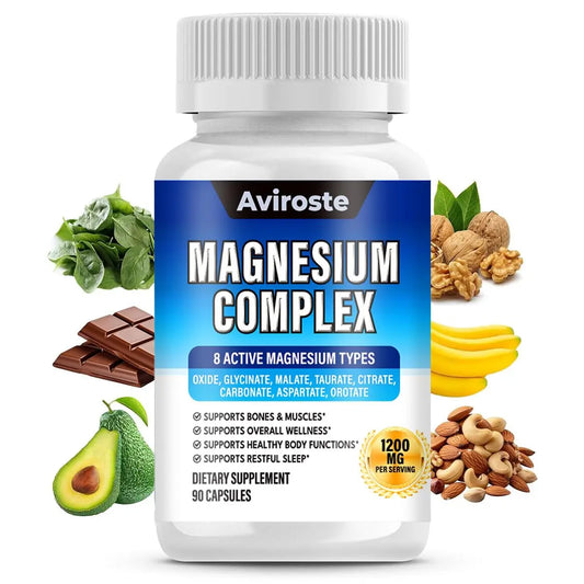 8 in 1 Magnesium Complex Supplement - 8 Elemental 1000mg - Magnesium Glycinate, Citrate, Malate, Taurate - High Absorption,for Muscle, Nerve & Sleep Support - 90 Capsules AvirosteAu supplements
