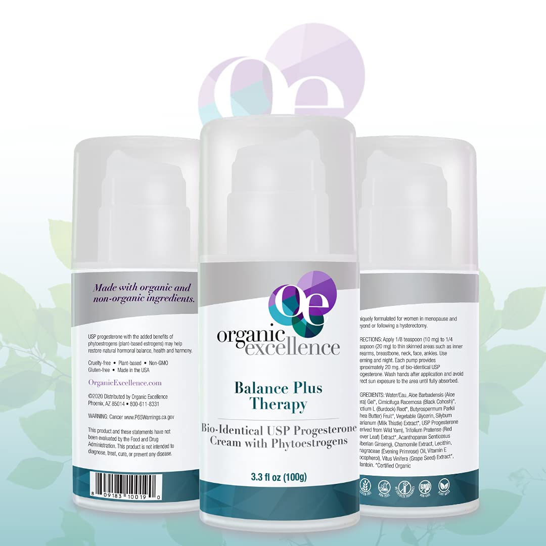 Organic Excellence Balance Plus Therapy - USP Bioidentical Organic Progesterone Cream for Women - with Phytoestrogens - for Menopause Relief and Natural Hormone Balance, 3.3 fl oz (100g) Organic Excellence Au supplements