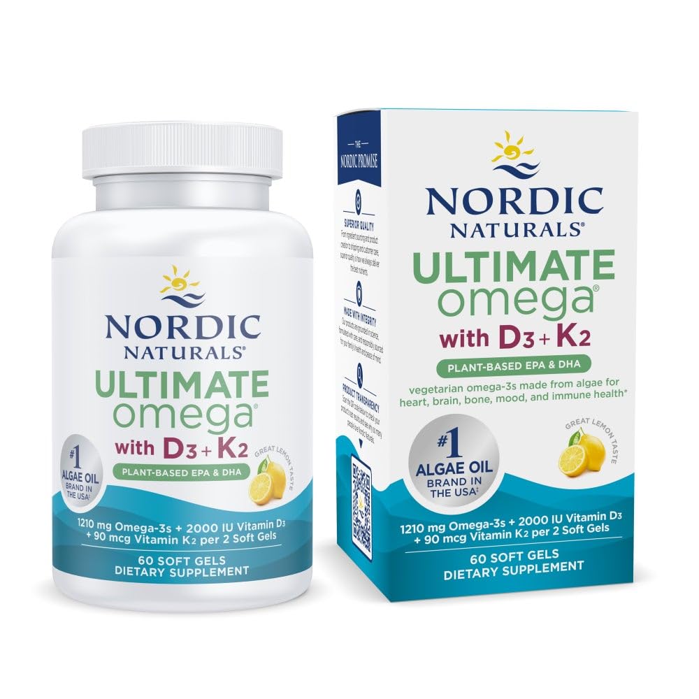 Nordic Naturals Ultimate Omega Plant Based Vitamin with Vitamin D3+K2-60 Vegetarian Soft Gels - 1210 mg Omega-3s Plus 2000 IU D3 and 90 mcg K2 - Promotes Brain Health - Non GMO - 30 Servings Nordic Naturals Au supplements